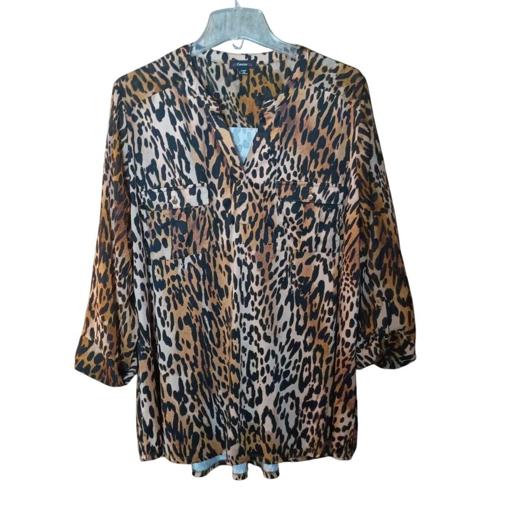 Cocomo Women 3x Animal Print Leopard Roll Tab Lightweight Blouse Top